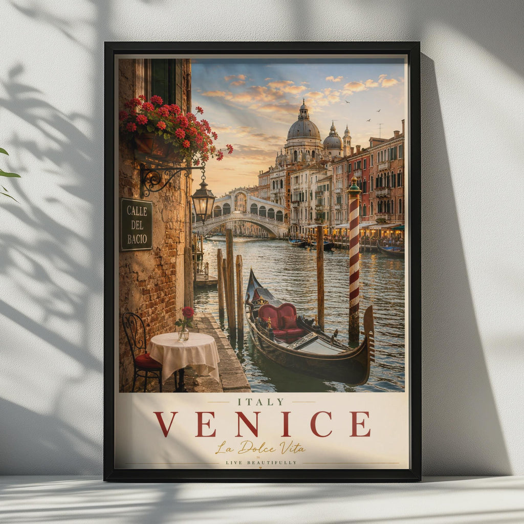 Venice Italy Travel Poster, Grand Canal Gondola Wall Art, La Dolce Vita Italian Print