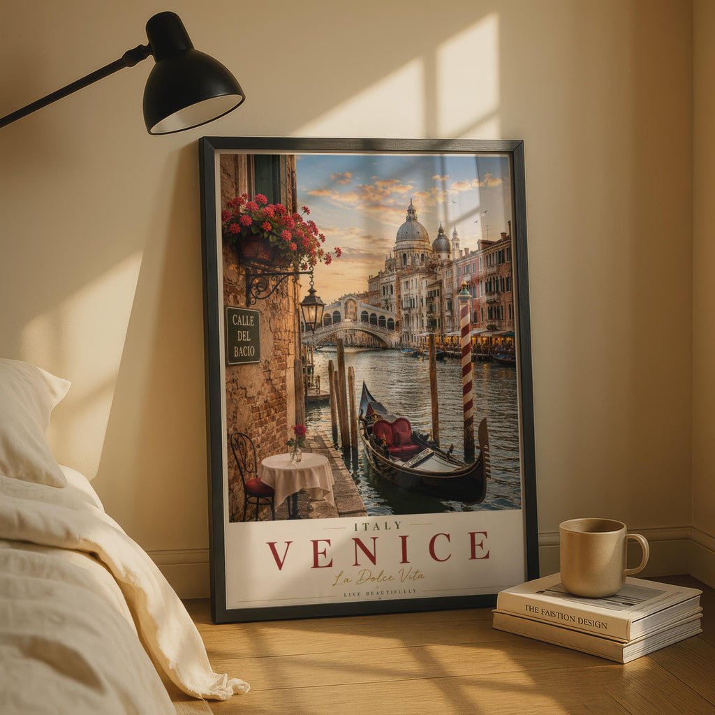 Venice Italy Travel Poster, Grand Canal Gondola Wall Art, La Dolce Vita Italian Print