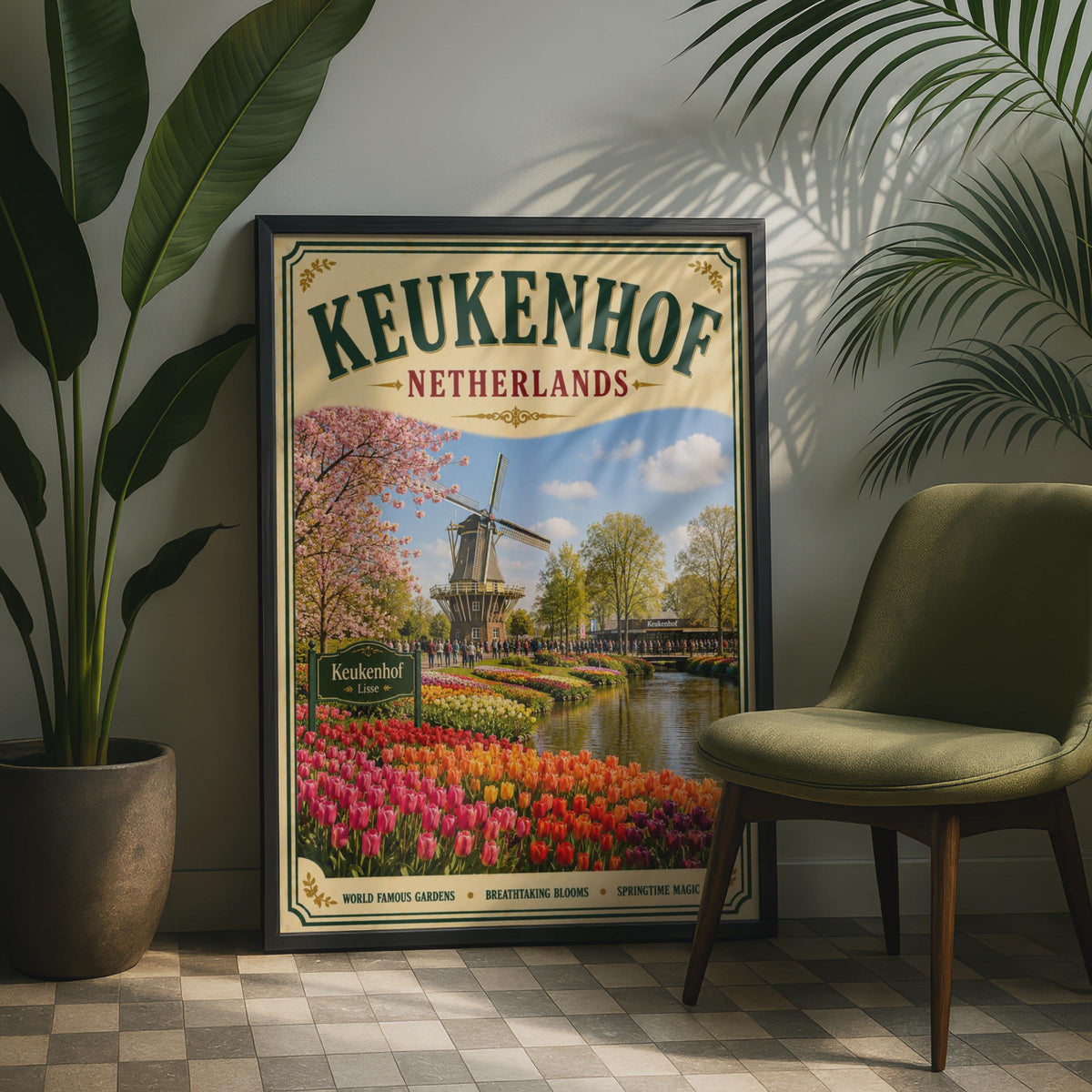 Keukenhof Netherlands Vintage Travel Poster, Dutch Tulip Garden, Windmill Wall Art