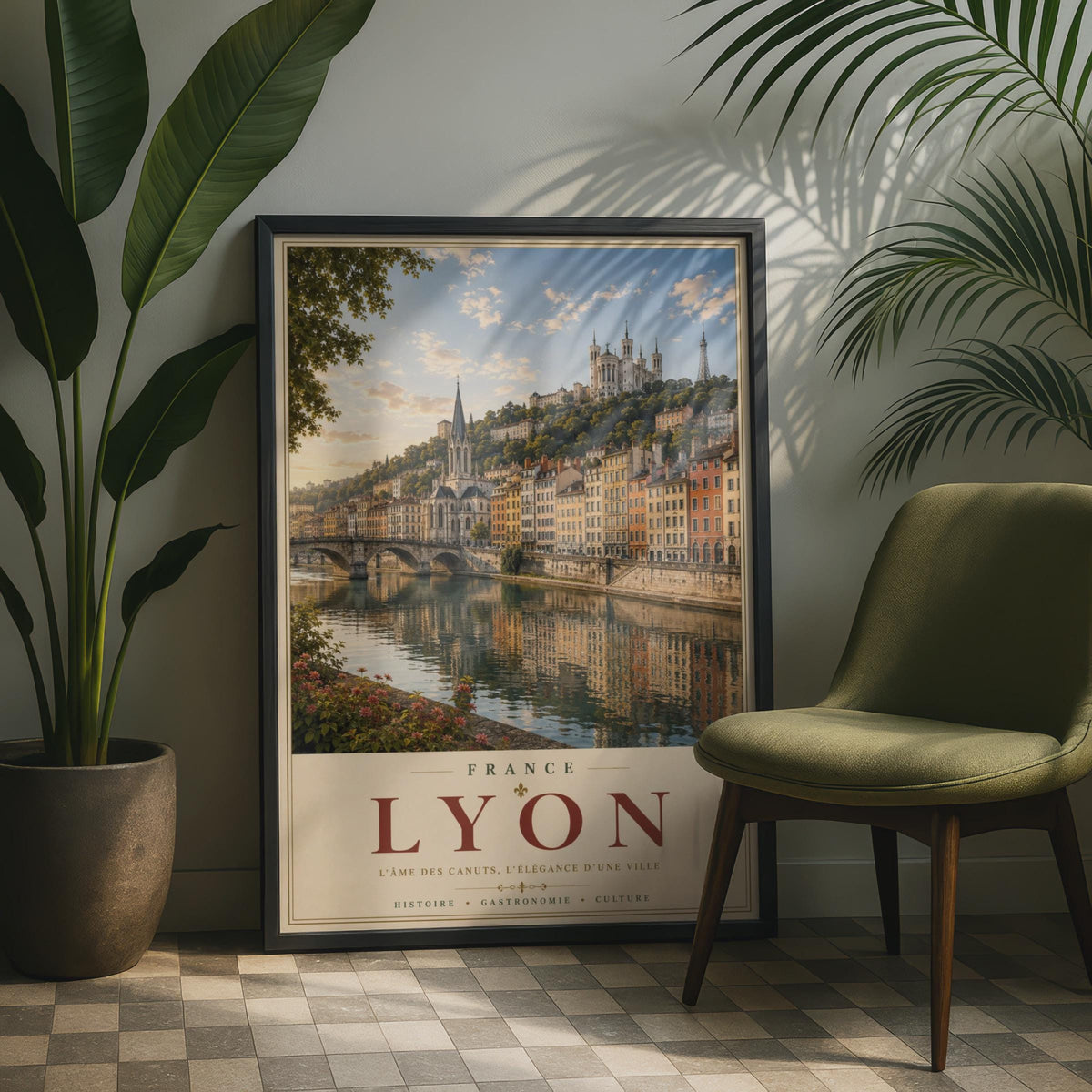 Lyon France Travel Poster, Saone River Skyline Wall Art, French City Print, Vintage Style