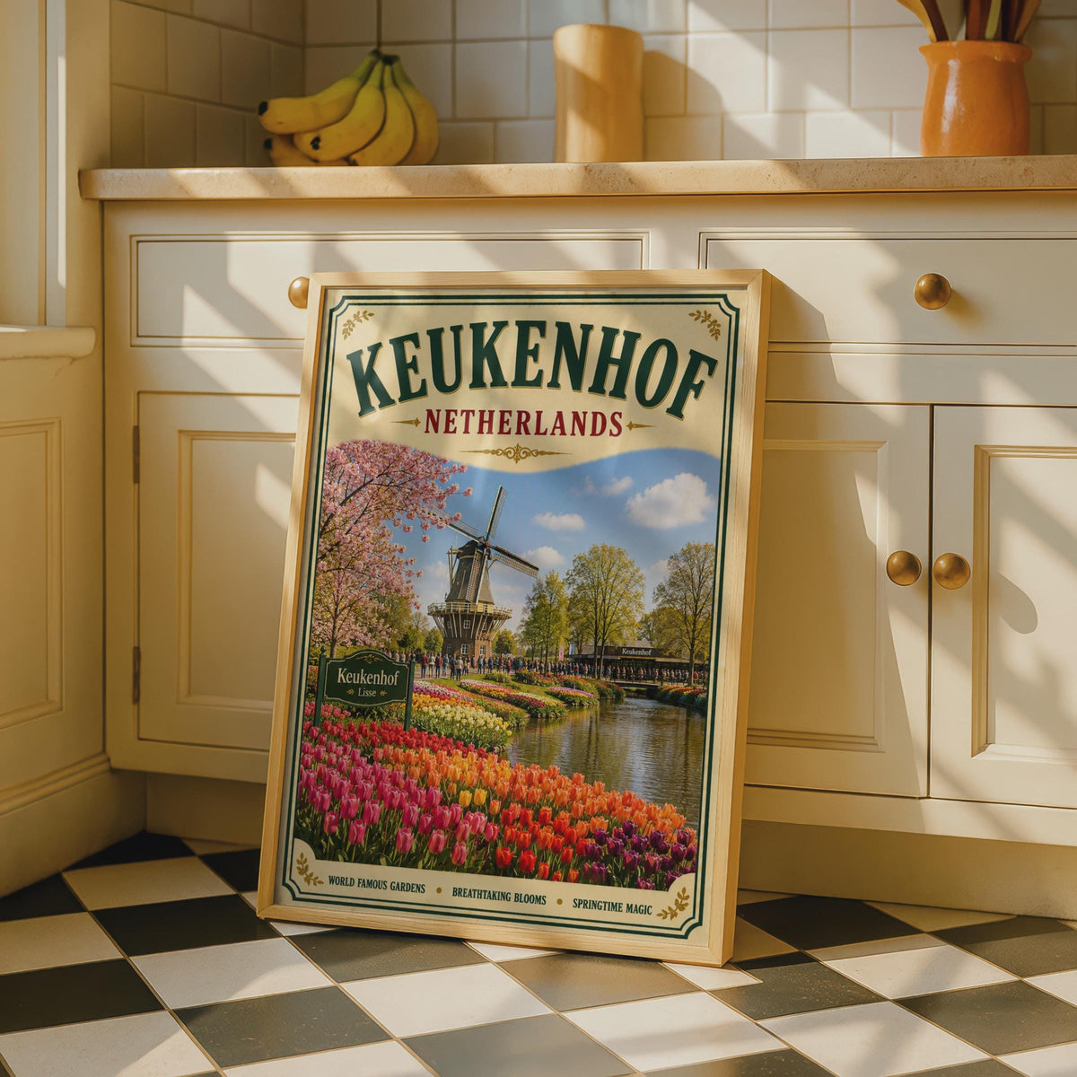 Keukenhof Netherlands Vintage Travel Poster, Dutch Tulip Garden, Windmill Wall Art