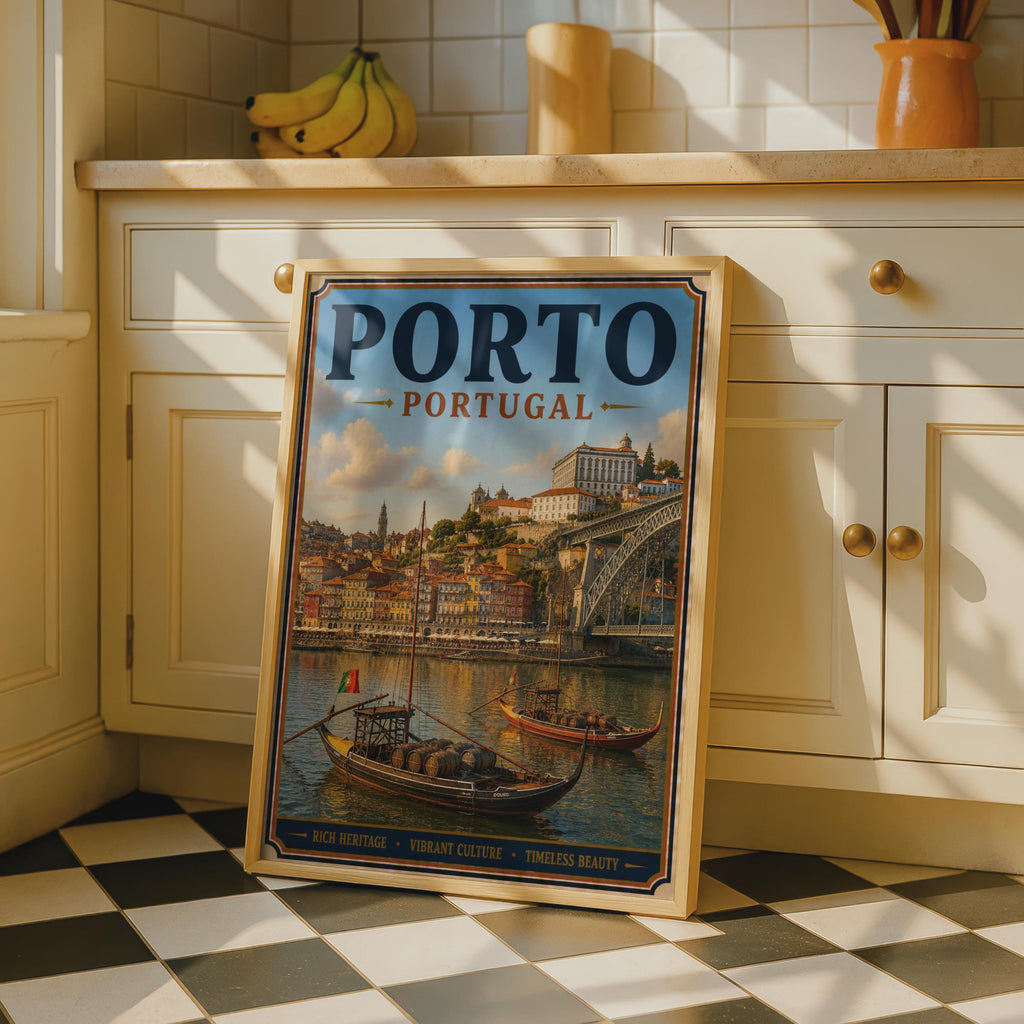 Porto Portugal Travel Poster, Vintage Douro River Rabelo Boats Wall Art Print