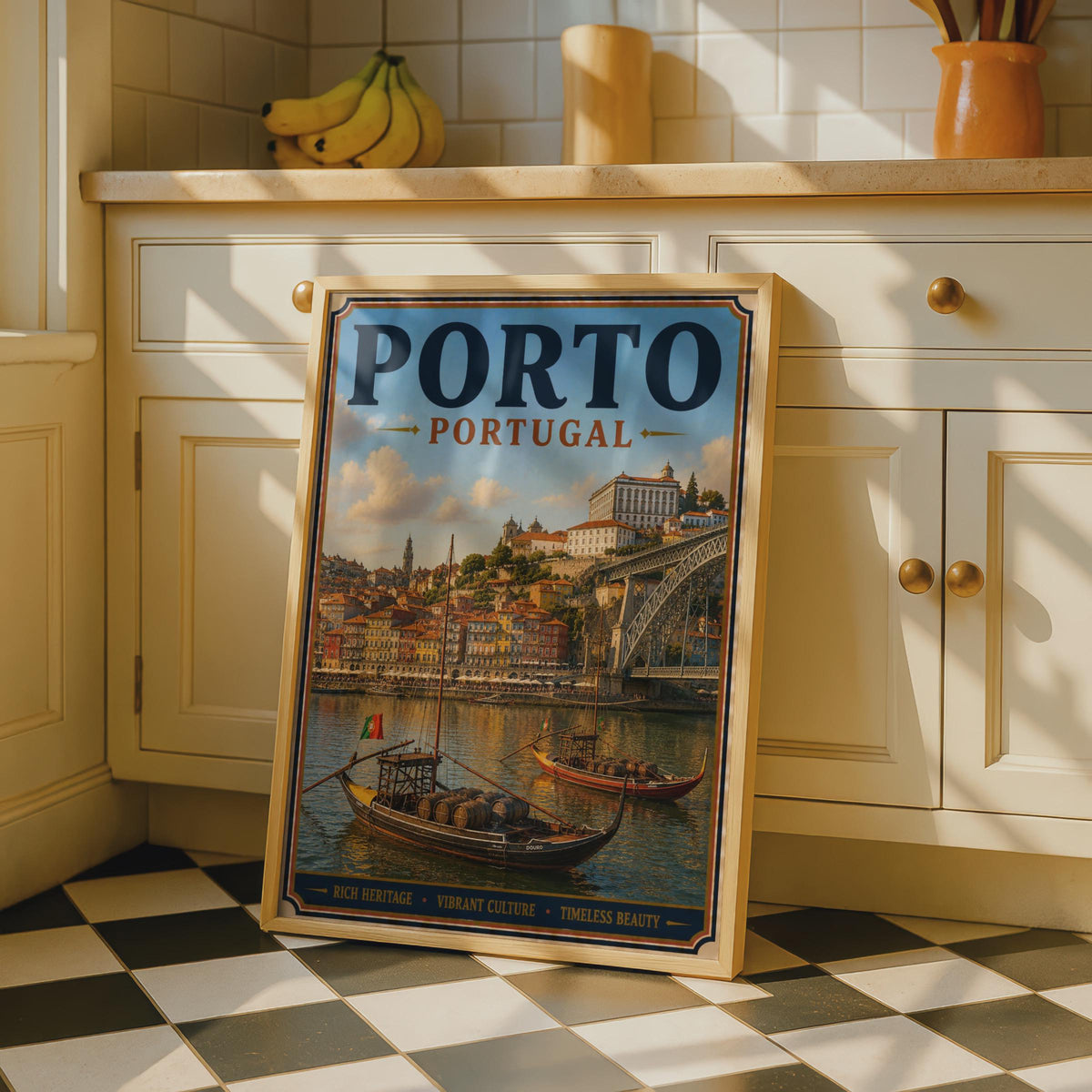 Porto Portugal Travel Poster, Vintage Douro River Rabelo Boats Wall Art Print
