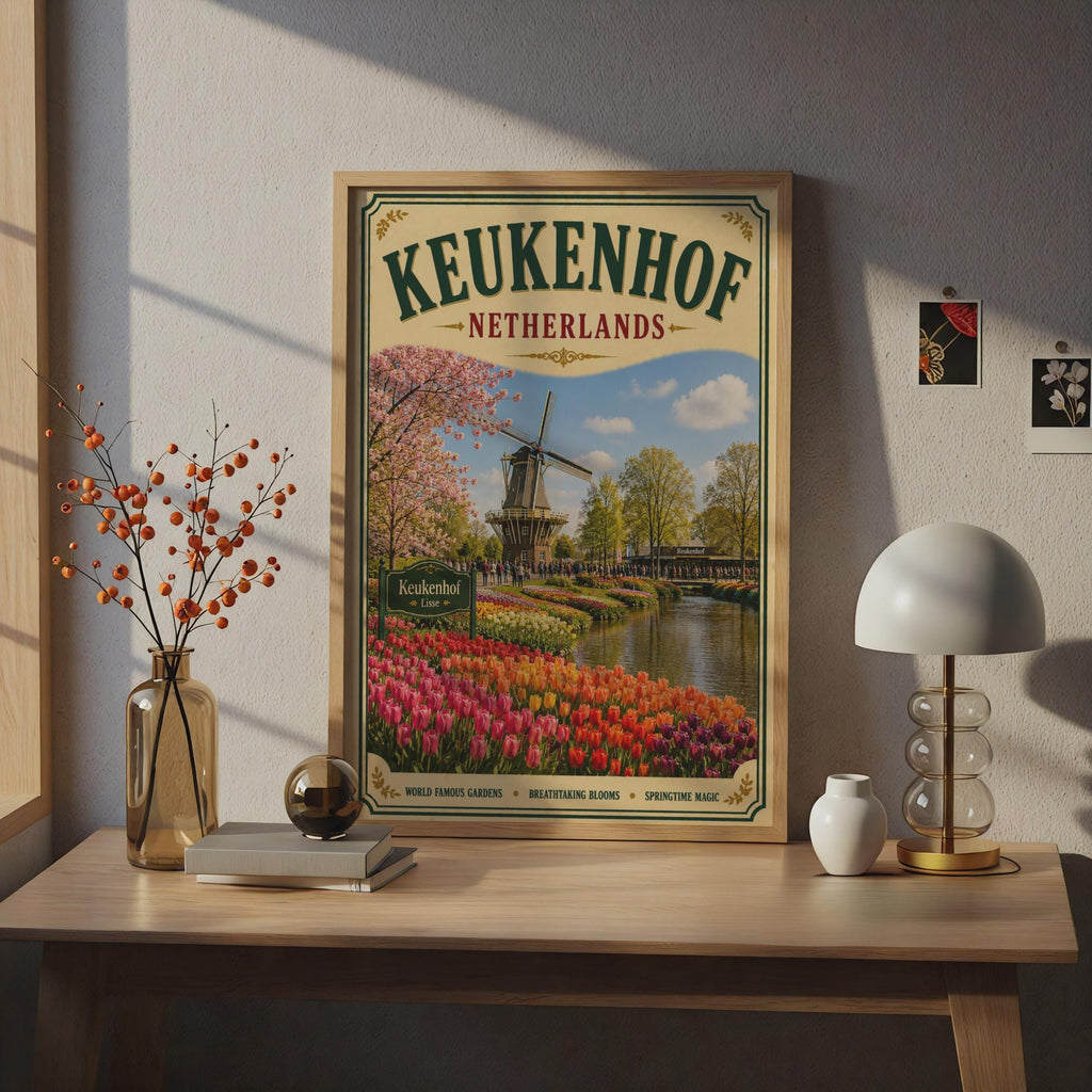 Keukenhof Netherlands Vintage Travel Poster, Dutch Tulip Garden, Windmill Wall Art