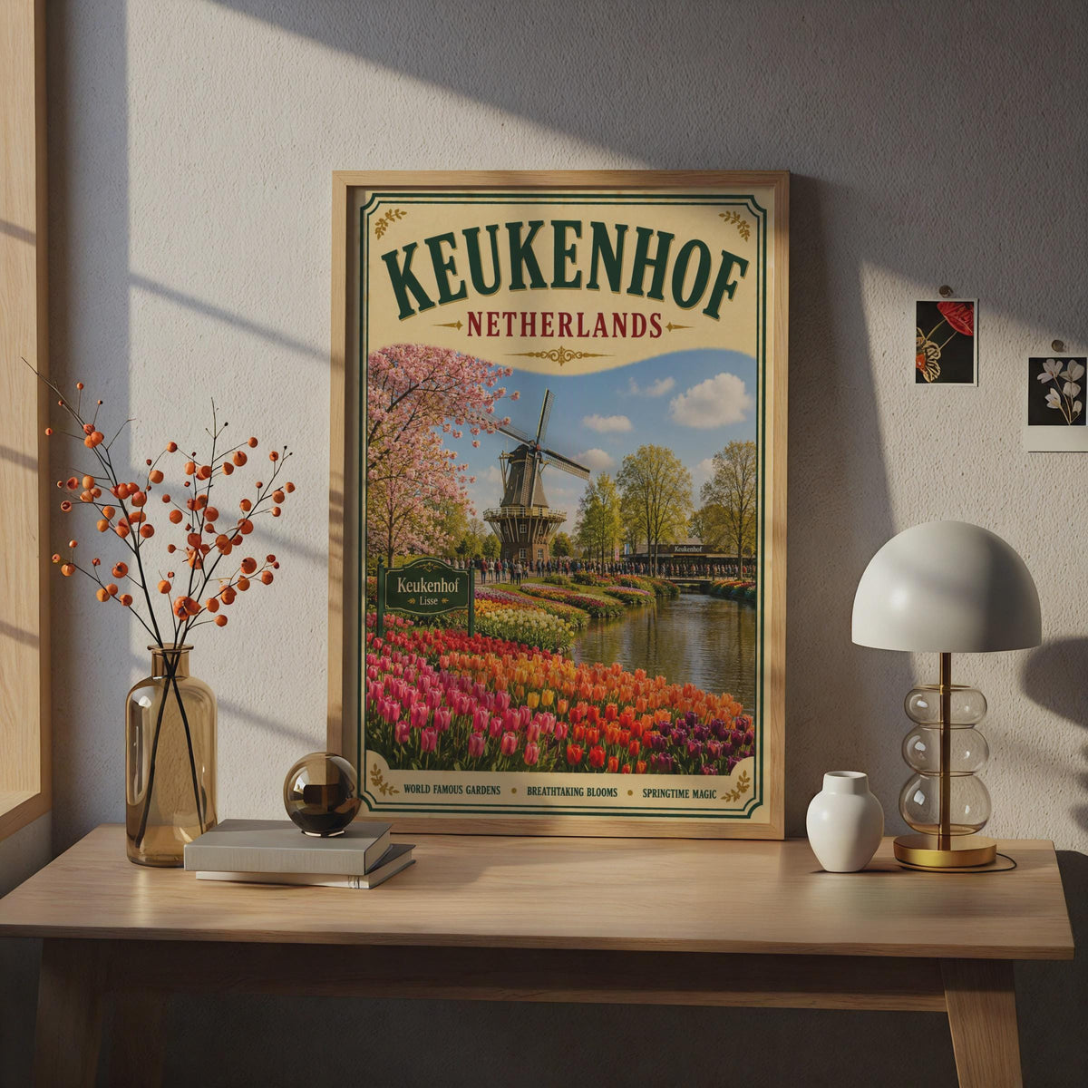 Keukenhof Netherlands Vintage Travel Poster, Dutch Tulip Garden, Windmill Wall Art