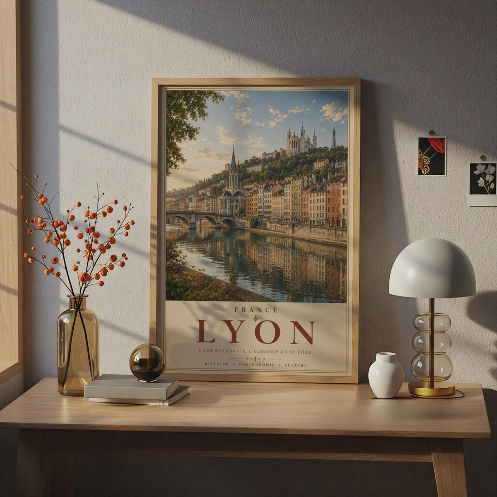 Lyon France Travel Poster, Saone River Skyline Wall Art, French City Print, Vintage Style