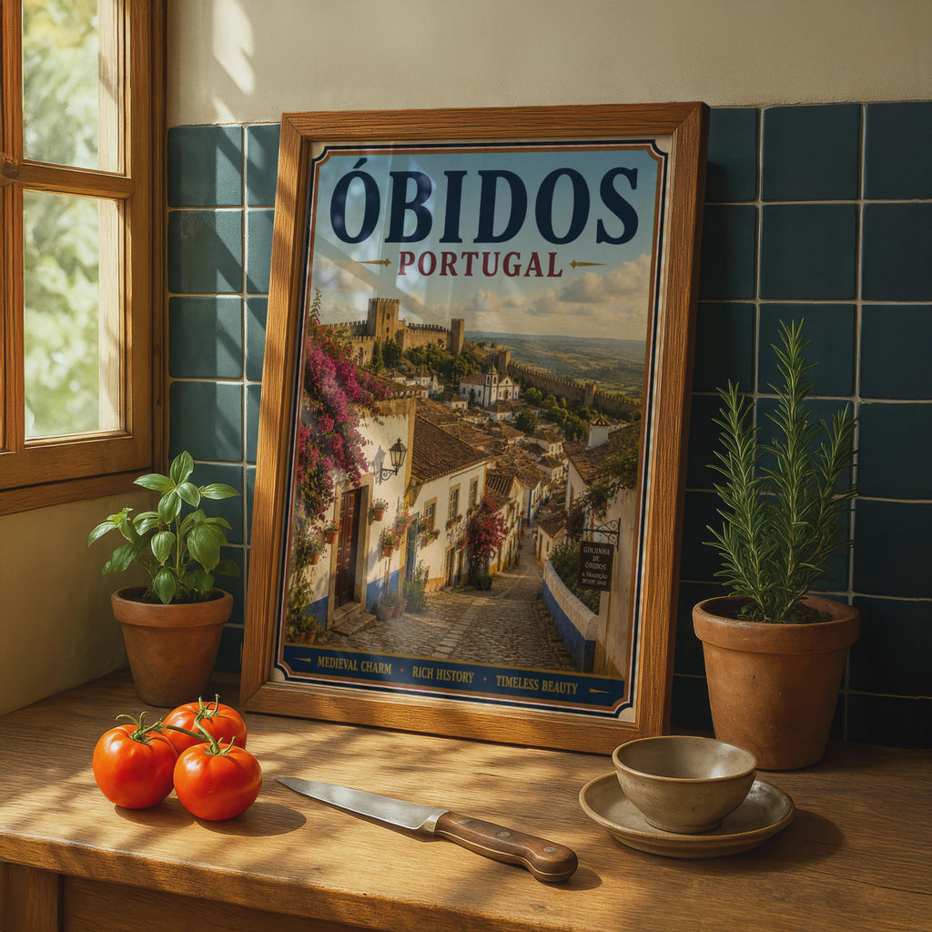 Obidos Portugal Travel Poster, Medieval Castle Village Wall Art, Vintage Style Portuguese