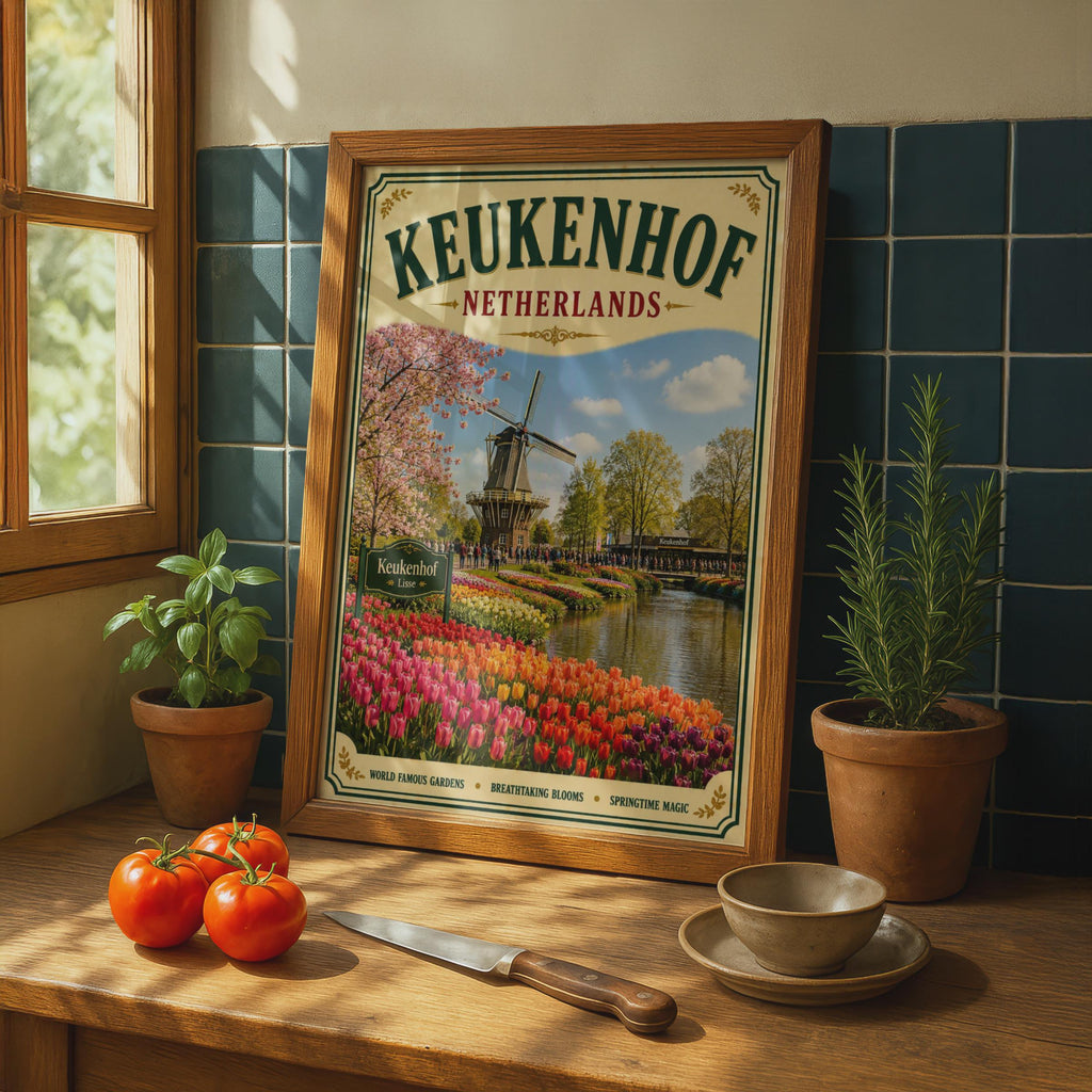 Keukenhof Netherlands Vintage Travel Poster, Dutch Tulip Garden, Windmill Wall Art