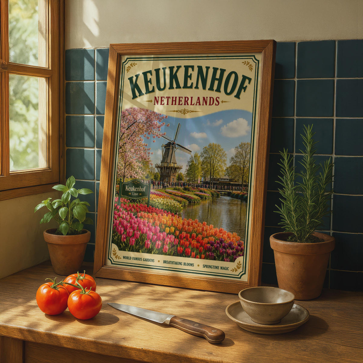 Keukenhof Netherlands Vintage Travel Poster, Dutch Tulip Garden, Windmill Wall Art