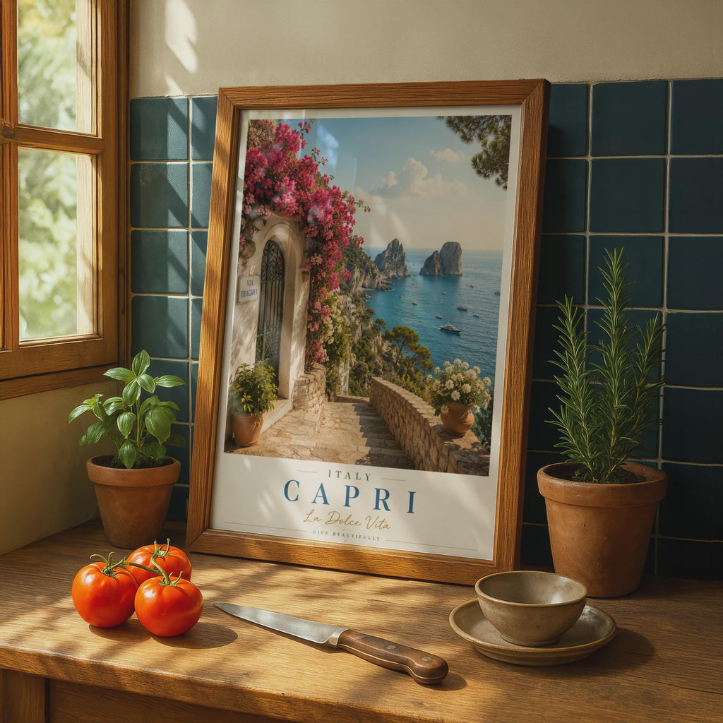 Capri Italy Travel Poster, Via Tragara Faraglioni Rocks, La Dolce Vita Italian Wall Art