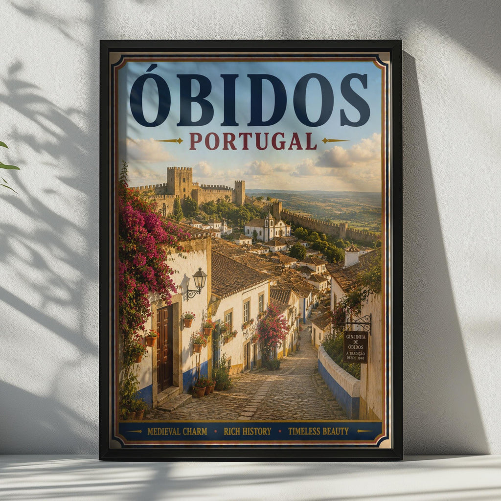 Obidos Portugal Travel Poster, Medieval Castle Village Wall Art, Vintage Style Portuguese