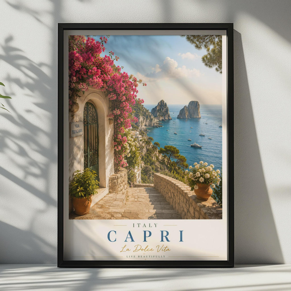 Capri Italy Travel Poster, Via Tragara Faraglioni Rocks, La Dolce Vita Italian Wall Art