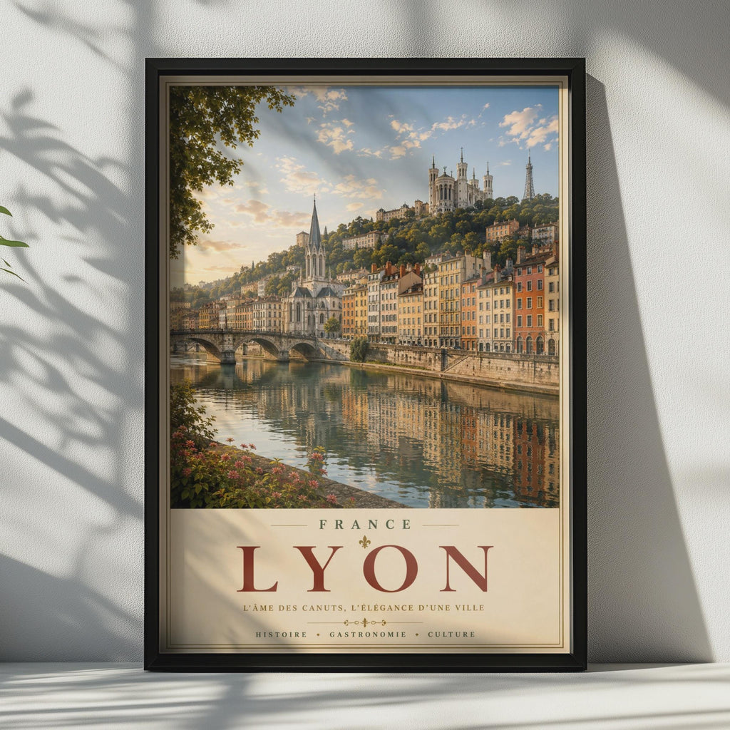 Lyon France Travel Poster, Saone River Skyline Wall Art, French City Print, Vintage Style