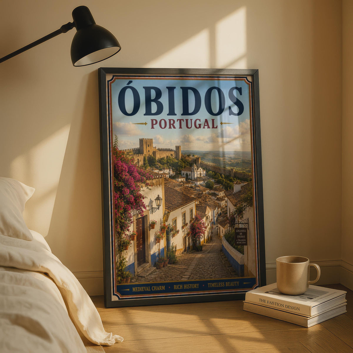 Obidos Portugal Travel Poster, Medieval Castle Village Wall Art, Vintage Style Portuguese
