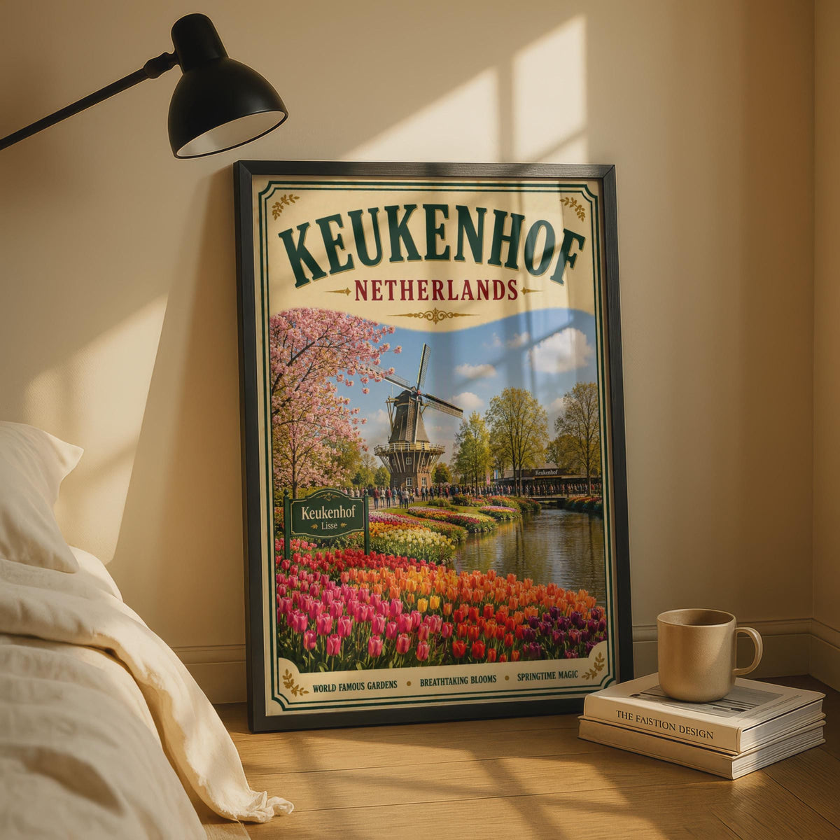 Keukenhof Netherlands Vintage Travel Poster, Dutch Tulip Garden, Windmill Wall Art