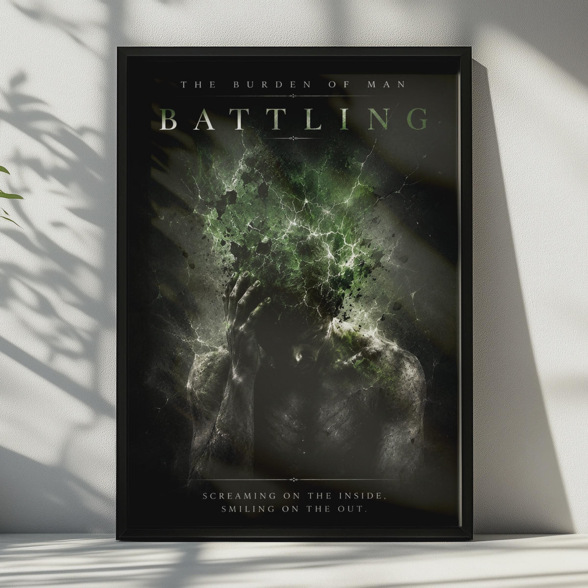 Battling Burden of Man Battling Dark Art, Emotional Green Black Wall Decor