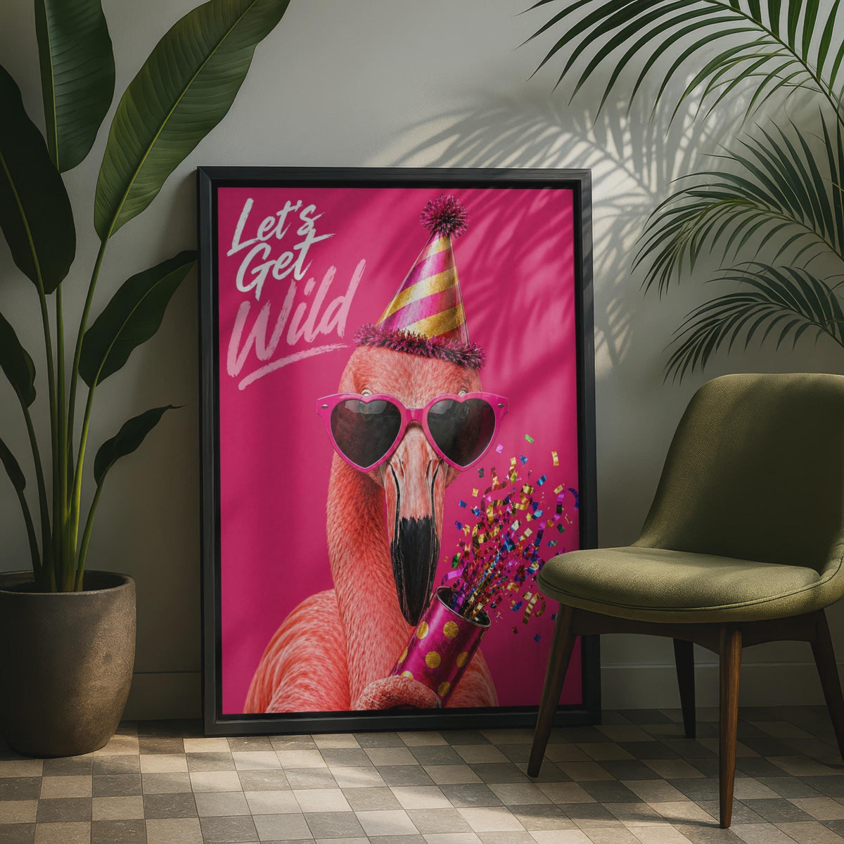 Lets Get Wild Flamingo Party Poster, Funny Pink Bird Confetti Wall Art Gift