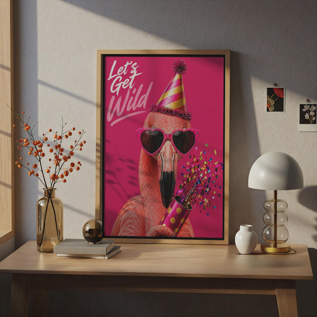 Lets Get Wild Flamingo Party Poster, Funny Pink Bird Confetti Wall Art Gift