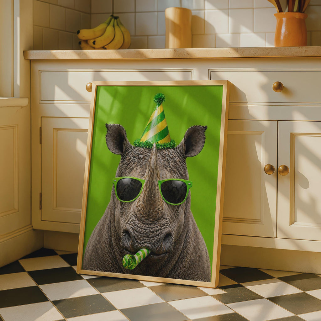 Funny Rhino Party Poster, Humorous Animal Wall Art, Green Birthday Decor, Cool Wildlife Gift