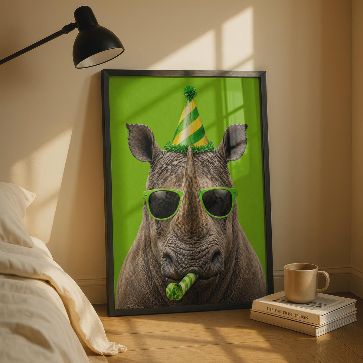 Funny Rhino Party Poster, Humorous Animal Wall Art, Green Birthday Decor, Cool Wildlife Gift