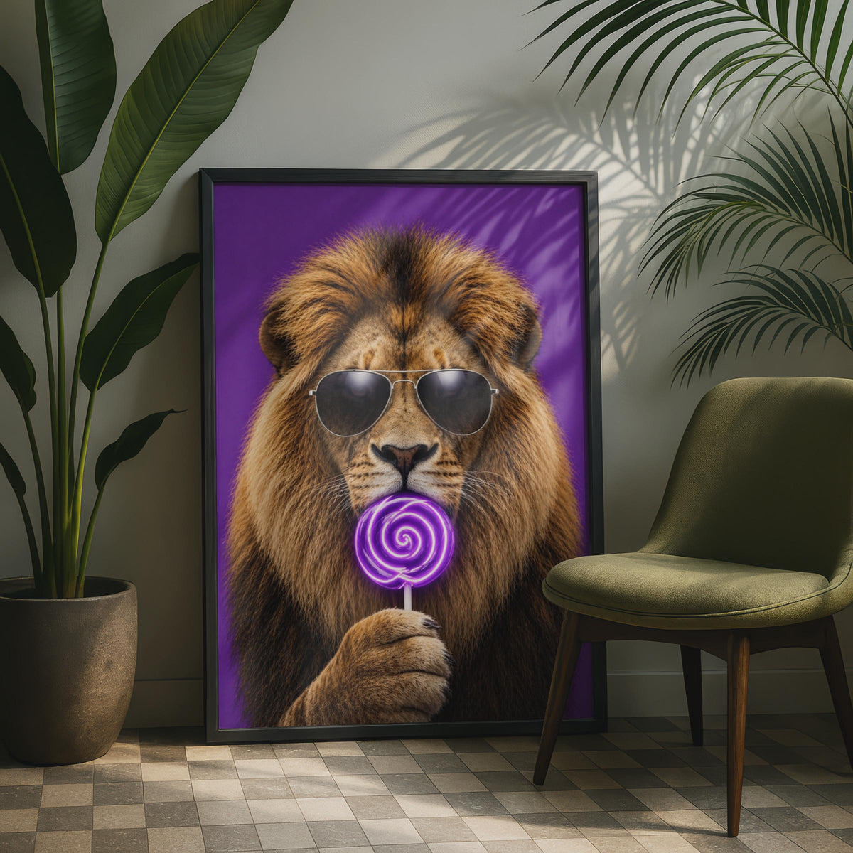 Lion Lollipop Poster, Surreal Animal Wall Art, Purple Neon Swirl, Kids Room Decor