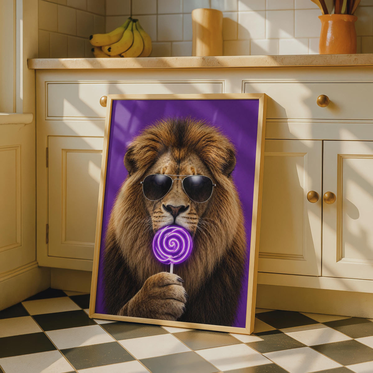 Lion Lollipop Poster, Surreal Animal Wall Art, Purple Neon Swirl, Kids Room Decor
