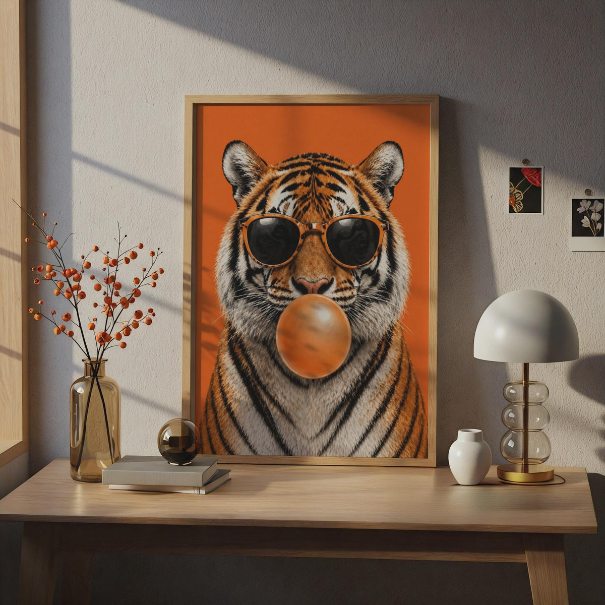 Tiger Blowing Bubble Gum Pop Art Print, Bold Orange Animal Wall Art