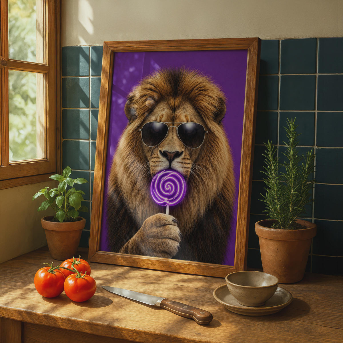 Lion Lollipop Poster, Surreal Animal Wall Art, Purple Neon Swirl, Kids Room Decor