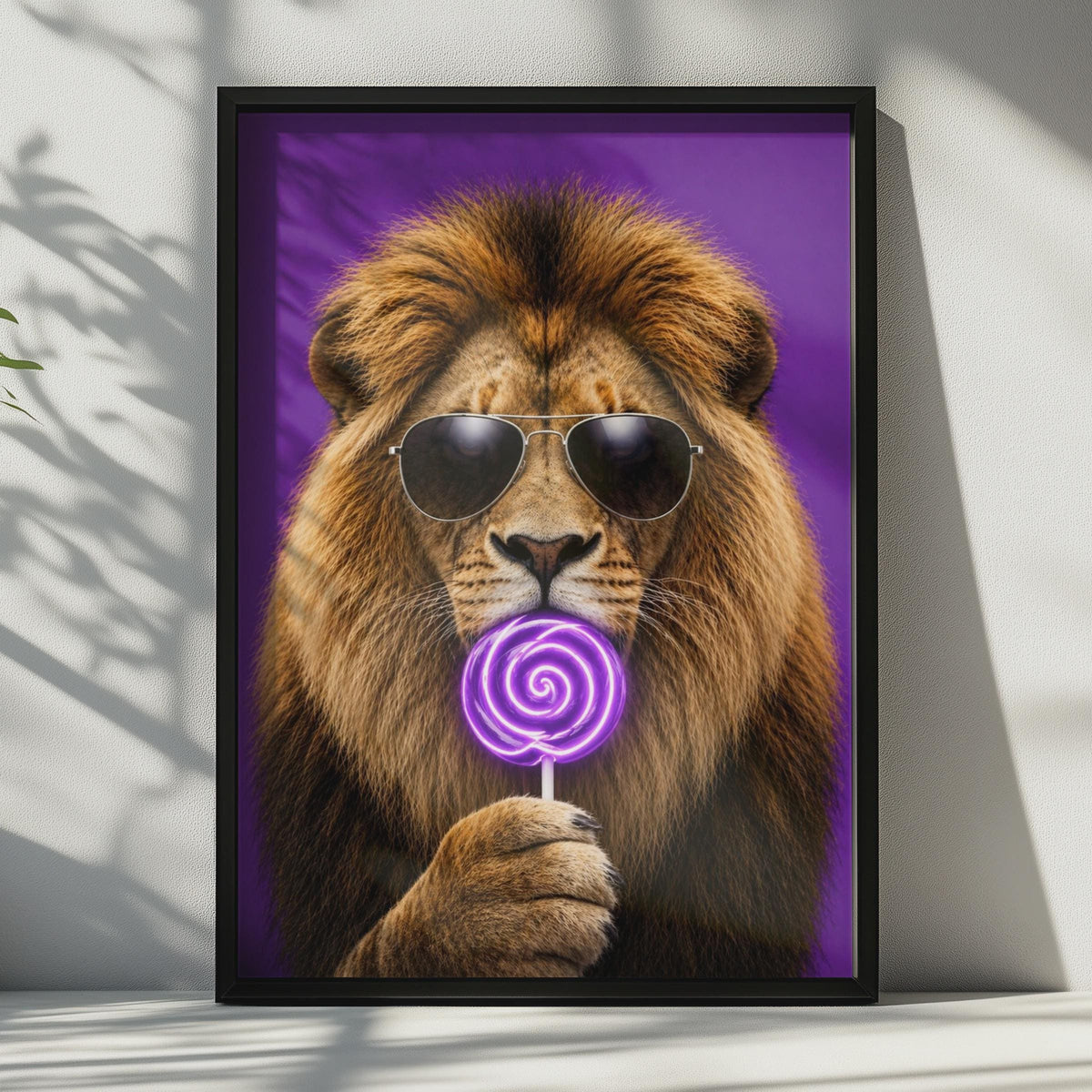 Lion Lollipop Poster, Surreal Animal Wall Art, Purple Neon Swirl, Kids Room Decor