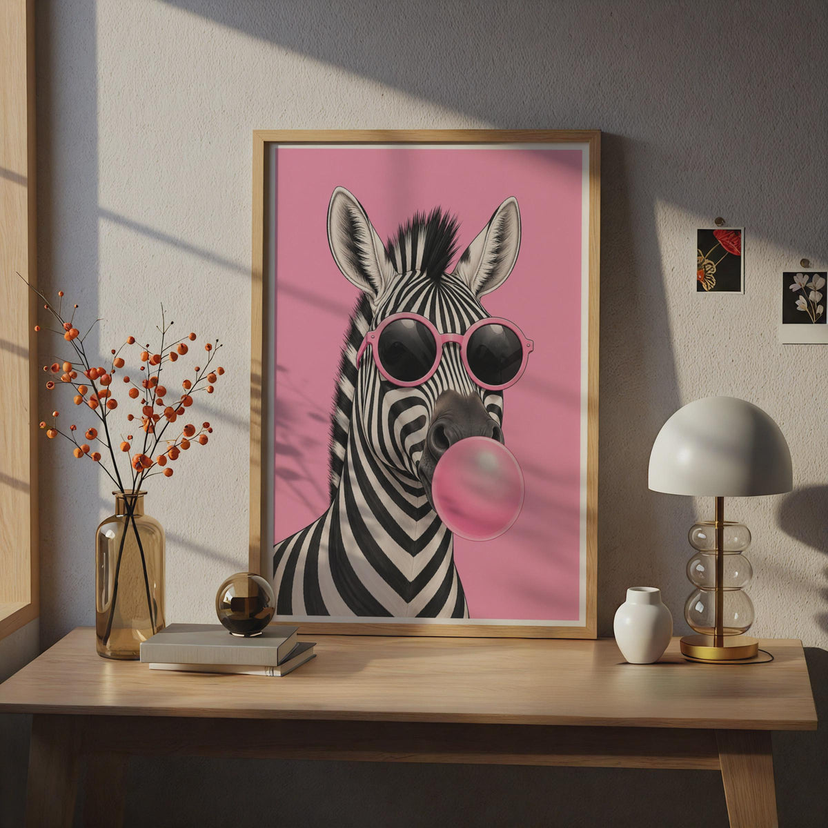 Zebra Bubblegum Poster, Pink Sunglasses Funky Animal Wall Art, Bold Fun Decor