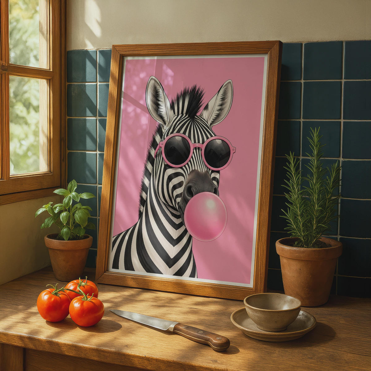 Zebra Bubblegum Poster, Pink Sunglasses Funky Animal Wall Art, Bold Fun Decor