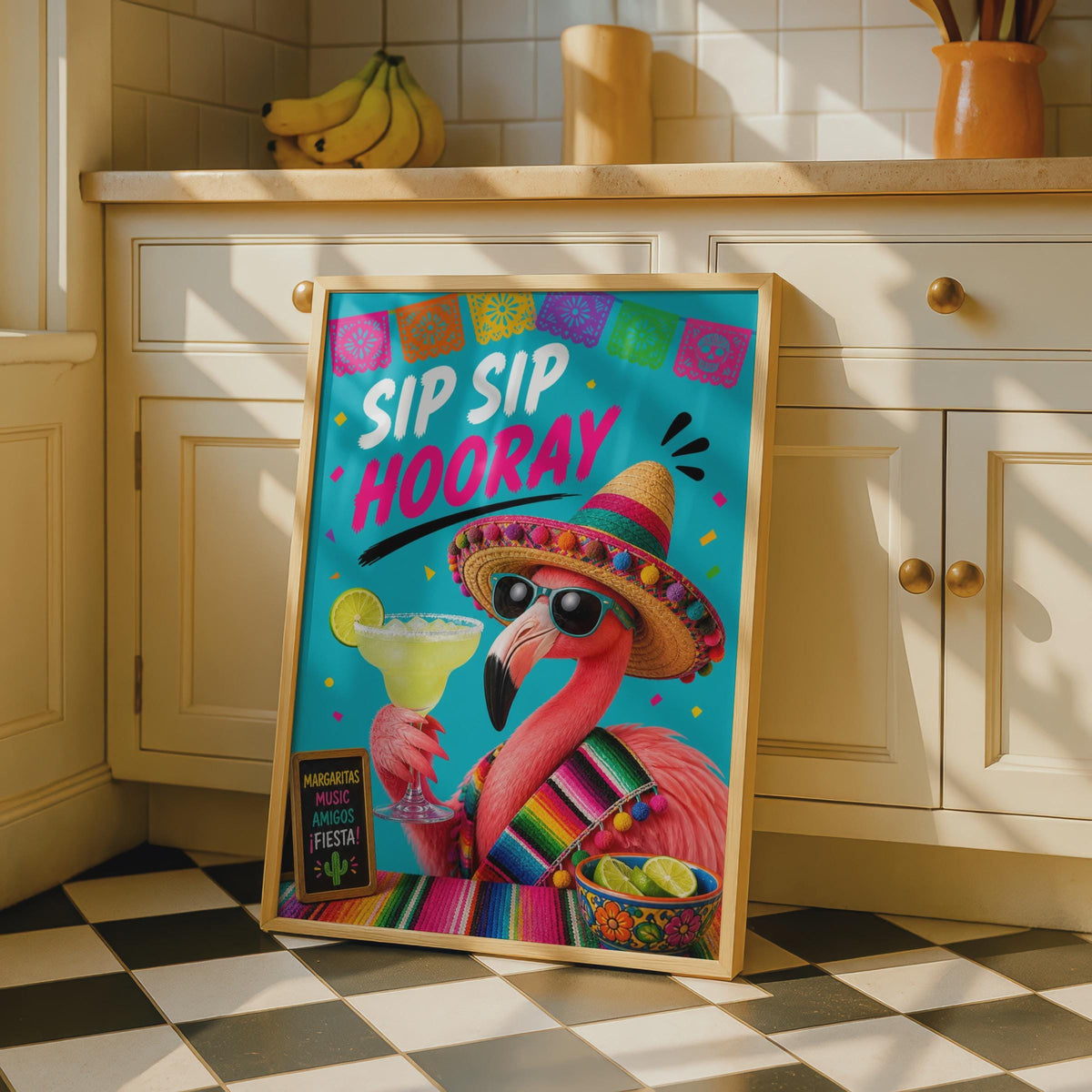 Sip Sip Hooray Flamingo Margarita Poster, Fiesta Bar Cart Wall Art, Funny