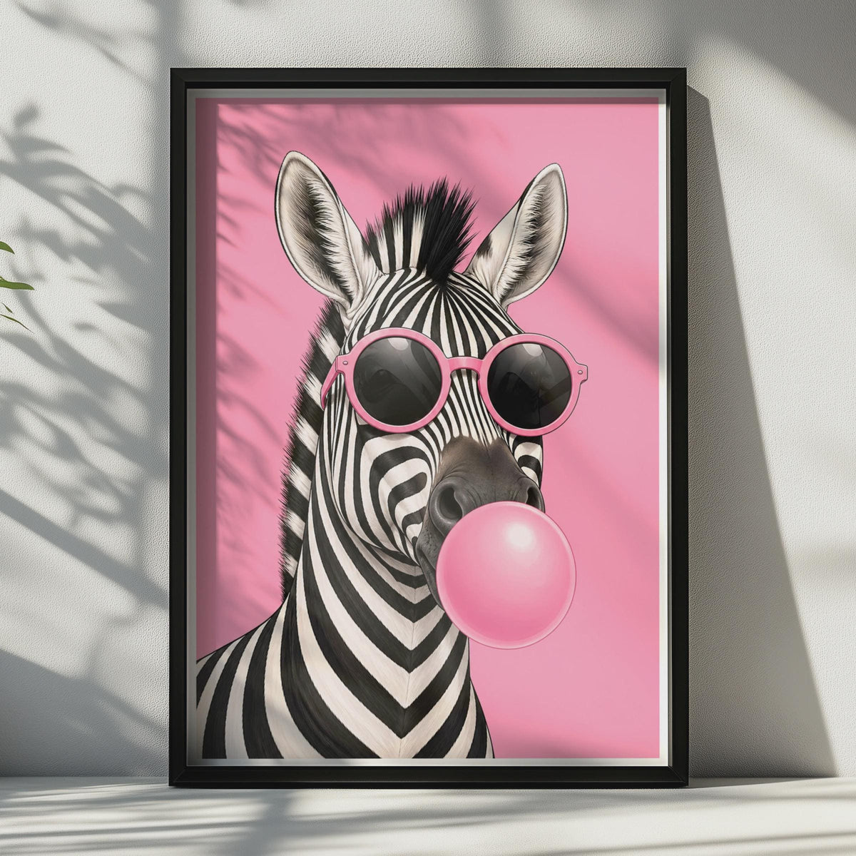 Zebra Bubblegum Poster, Pink Sunglasses Funky Animal Wall Art, Bold Fun Decor