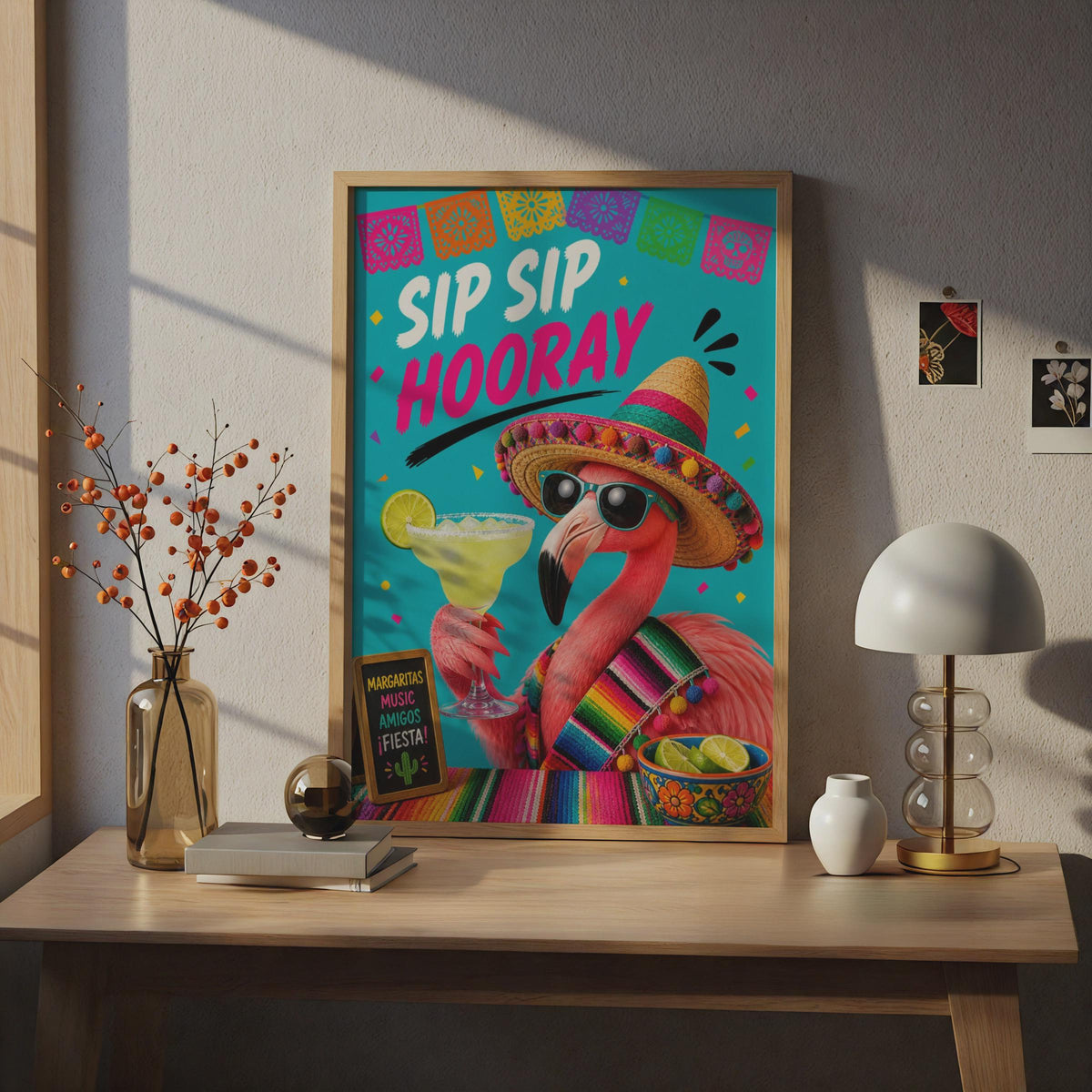 Sip Sip Hooray Flamingo Margarita Poster, Fiesta Bar Cart Wall Art, Funny