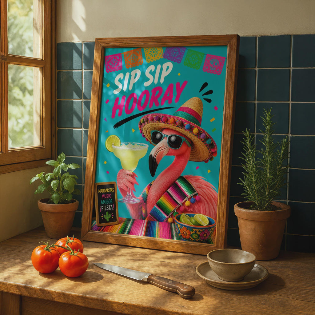 Sip Sip Hooray Flamingo Margarita Poster, Fiesta Bar Cart Wall Art, Funny