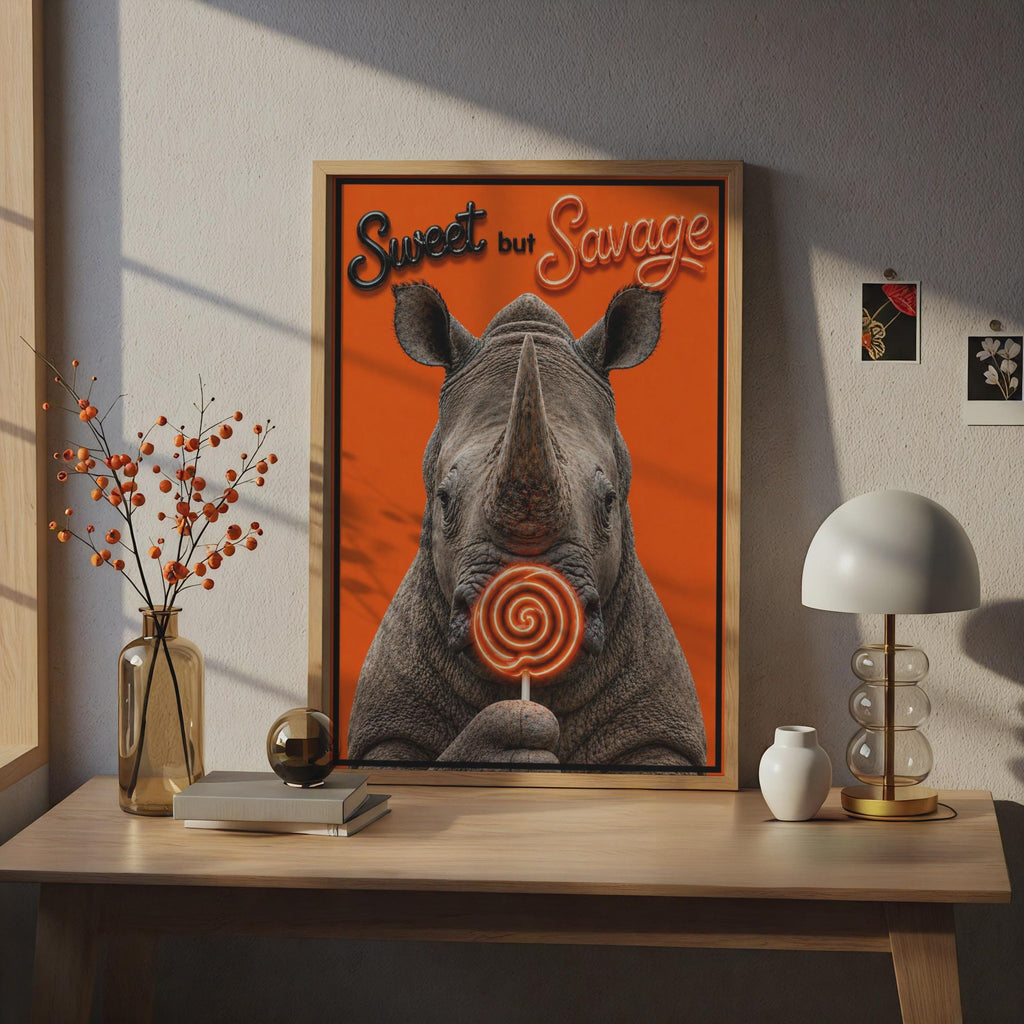 Sweet But Savage Rhino Poster, Funny Animal Wall Art, Bold Orange Neon Quote Print