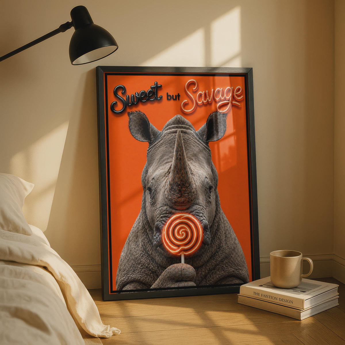 Sweet But Savage Rhino Poster, Funny Animal Wall Art, Bold Orange Neon Quote Print