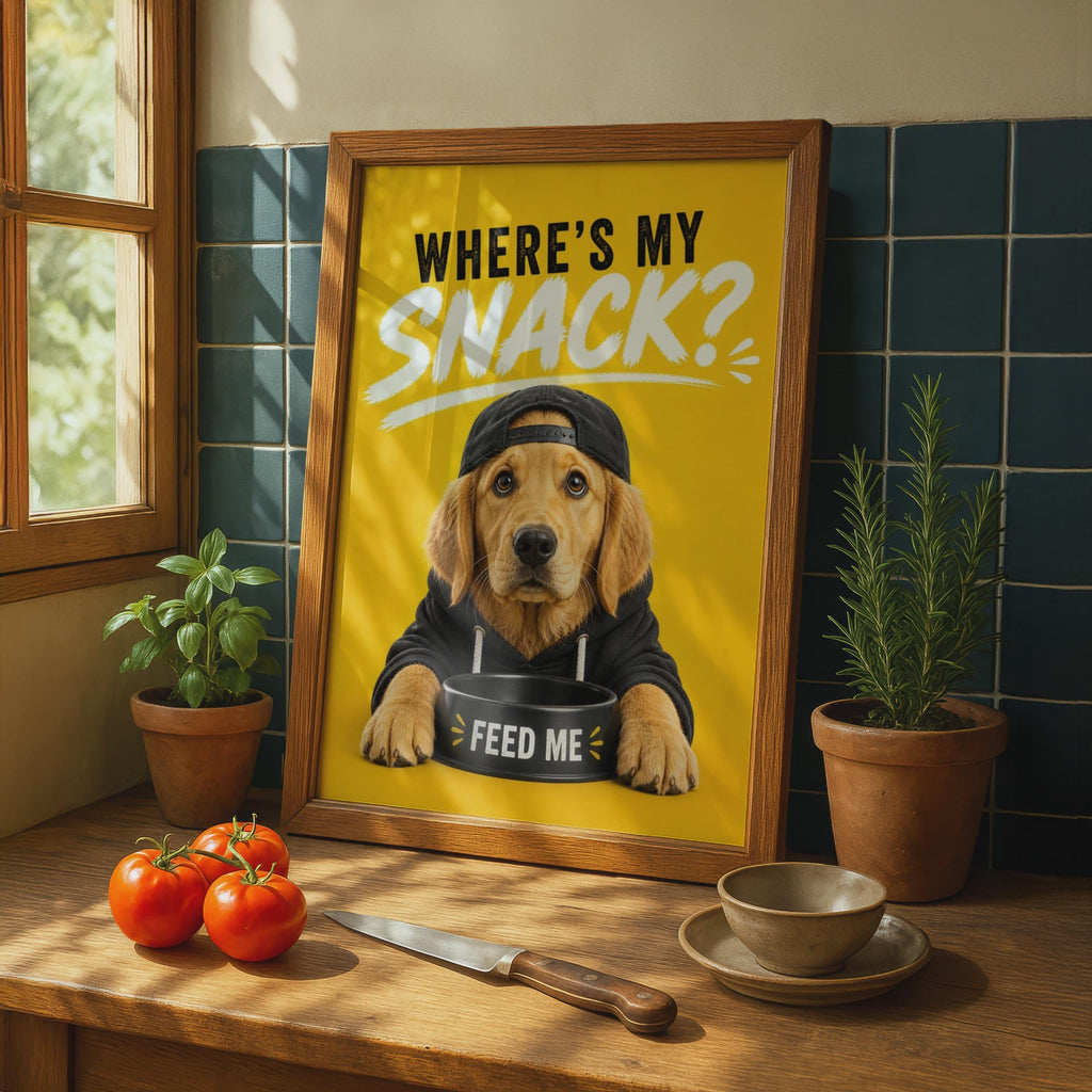 Funny Golden Retriever Poster, Where's My Snack Dog Wall Art, Yellow Humour Pet Print