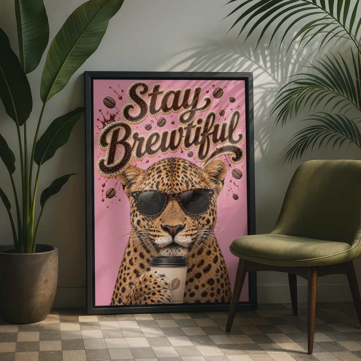 Stay Brewtiful Leopard Coffee Poster, Funny Pink Wall Art, Cafe Kitchen Decor