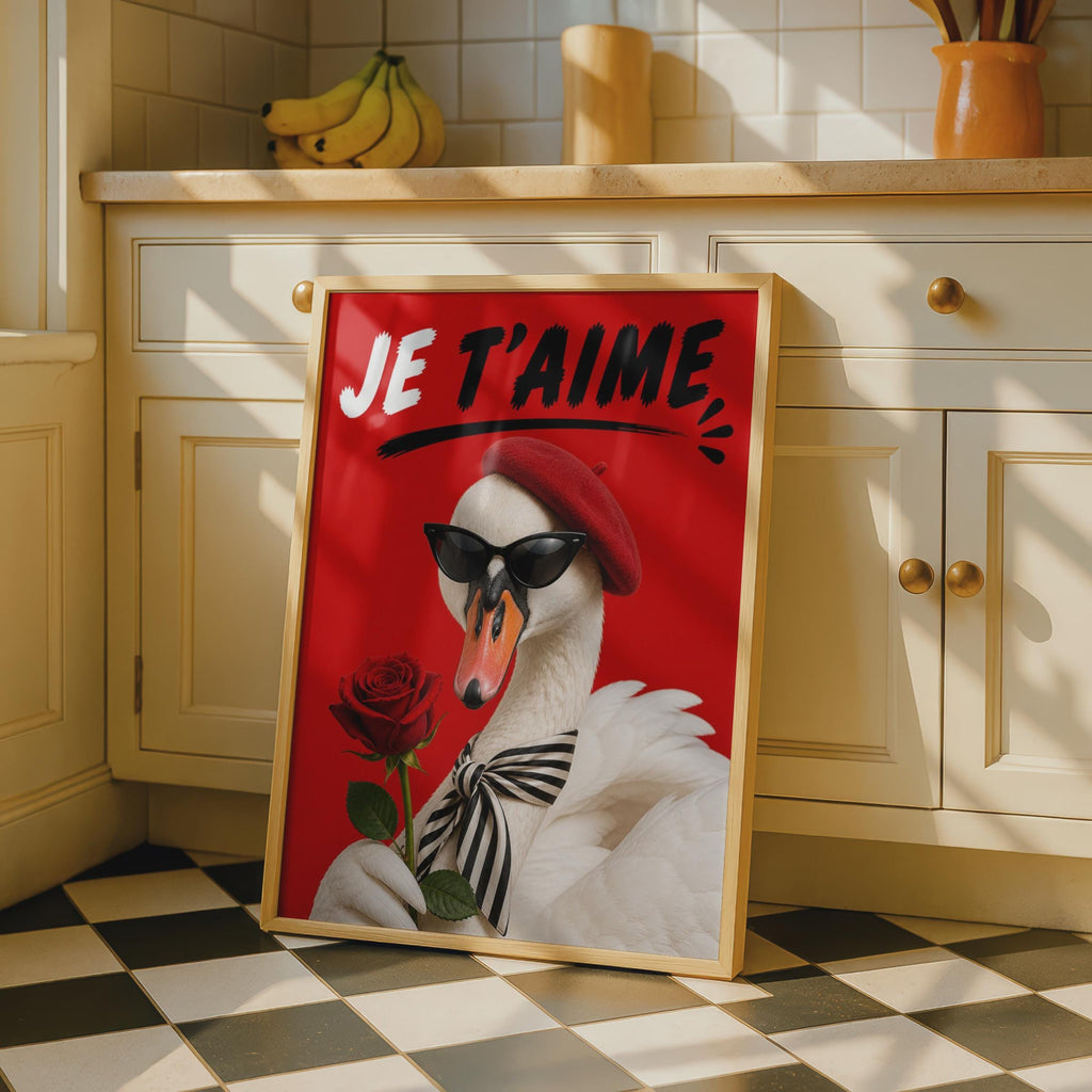 Je T'Aime Swan Poster, French Love Wall Art, Funny Bird Red Rose Print, Gift