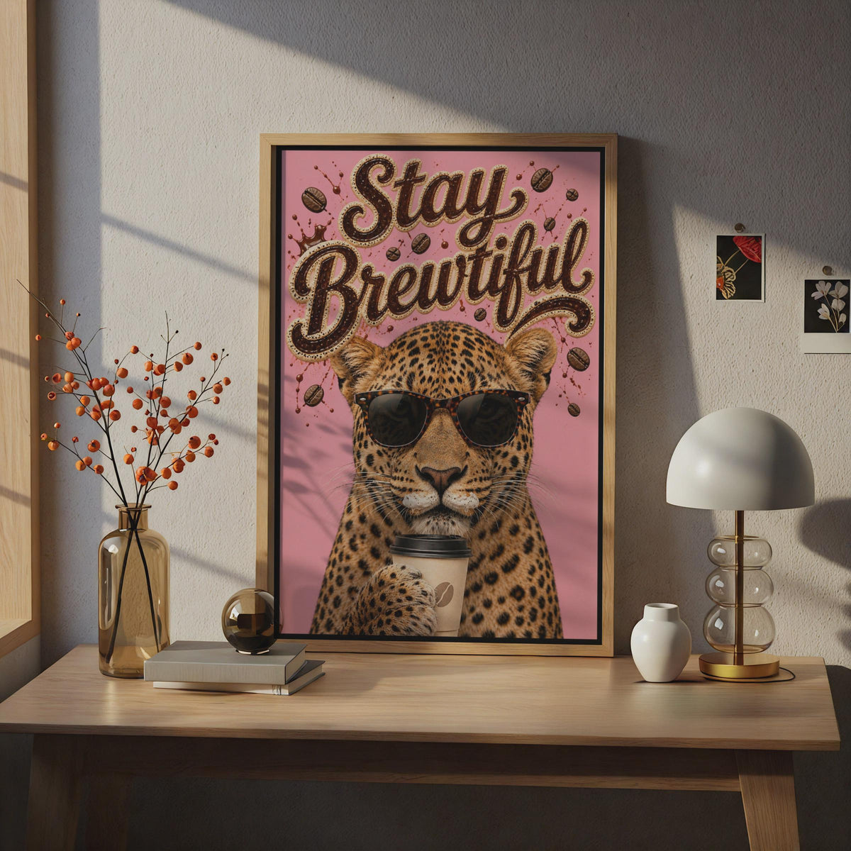 Stay Brewtiful Leopard Coffee Poster, Funny Pink Wall Art, Cafe Kitchen Decor