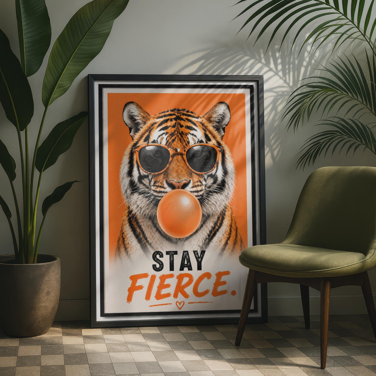 Tiger Poster, Sunglasses, Bubblegum, Motivational Wall Art Print