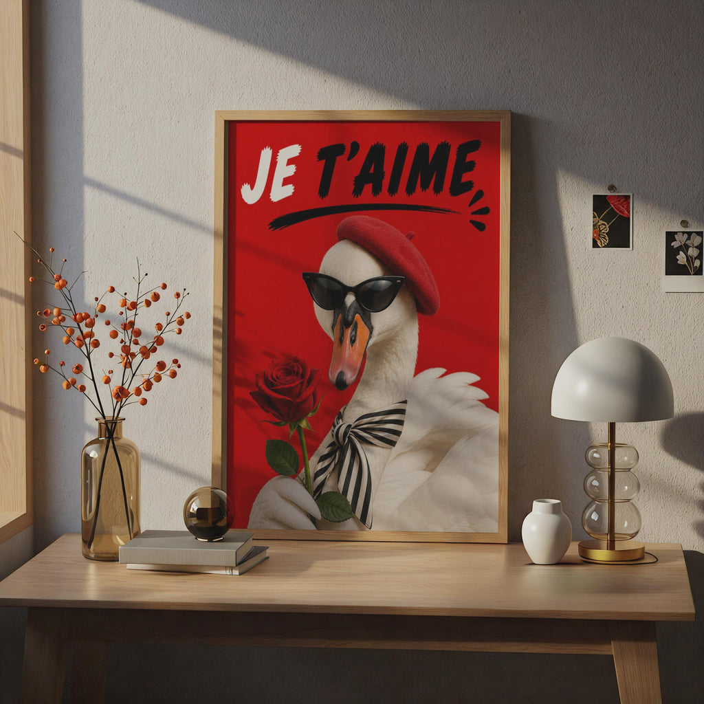 Je T'Aime Swan Poster, French Love Wall Art, Funny Bird Red Rose Print, Gift
