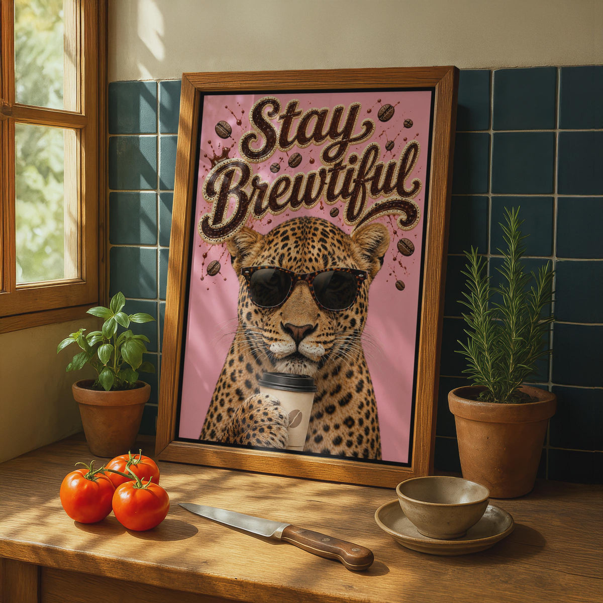 Stay Brewtiful Leopard Coffee Poster, Funny Pink Wall Art, Cafe Kitchen Decor