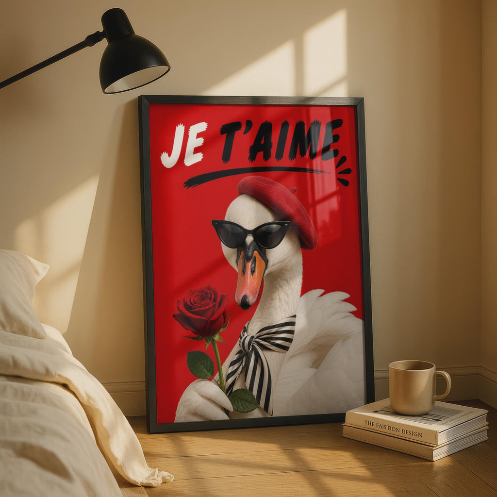 Je T'Aime Swan Poster, French Love Wall Art, Funny Bird Red Rose Print, Gift