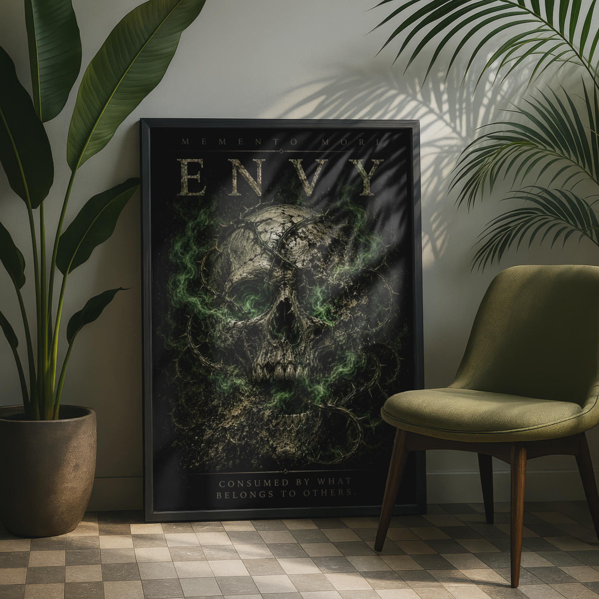 Envy Skull Poster, Memento Mori Seven Deadly Sins, Dark Gothic Wall Art, Green Smoke