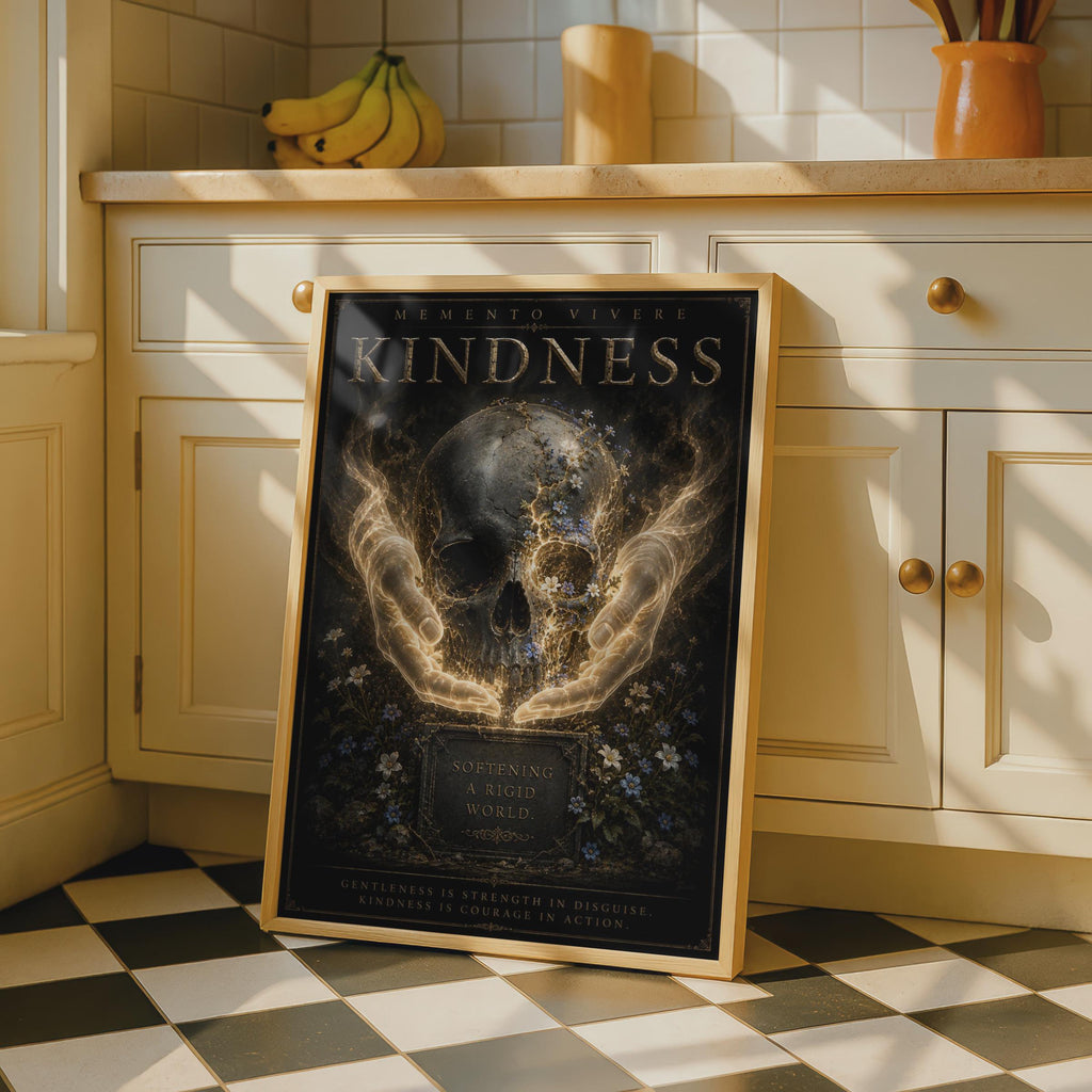 Kindness Skull Floral Dark Gothic Poster, Memento Vivere Motivational Wall Art Print