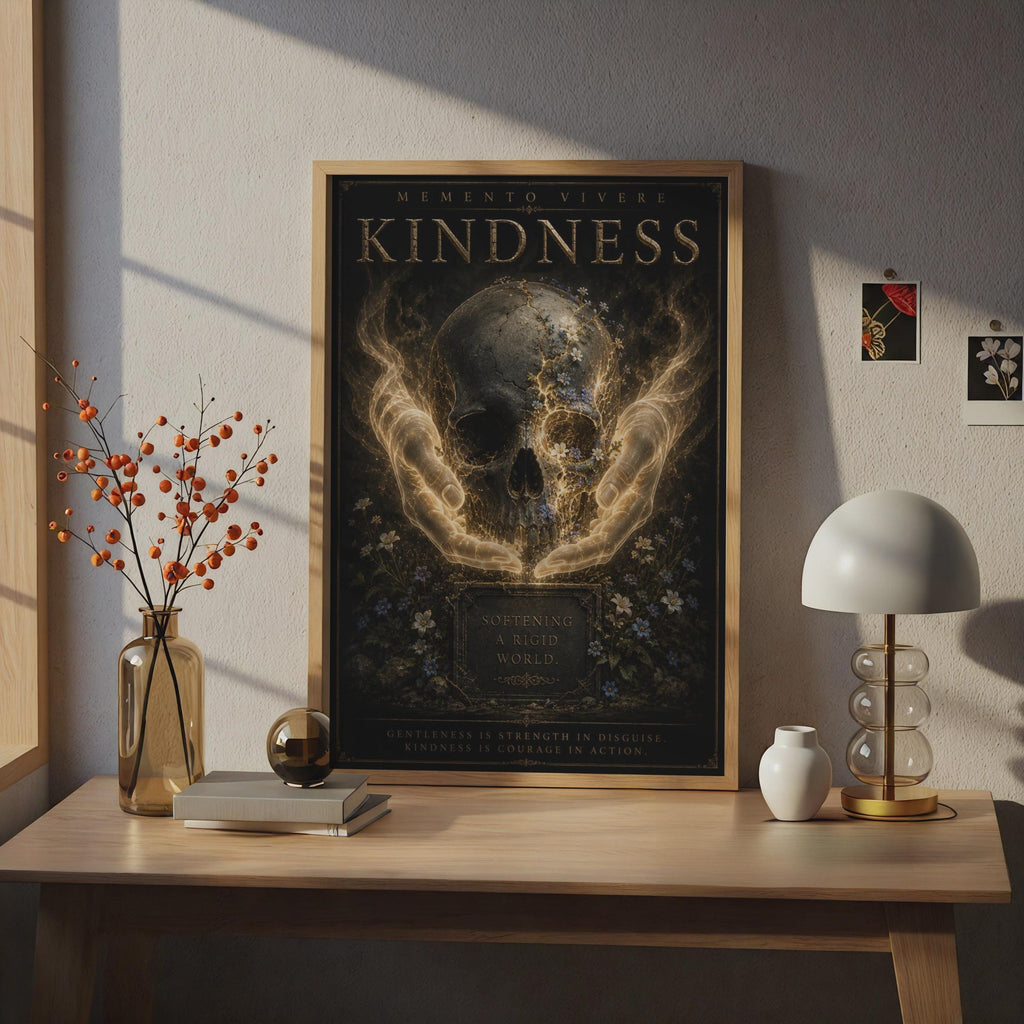 Kindness Skull Floral Dark Gothic Poster, Memento Vivere Motivational Wall Art Print