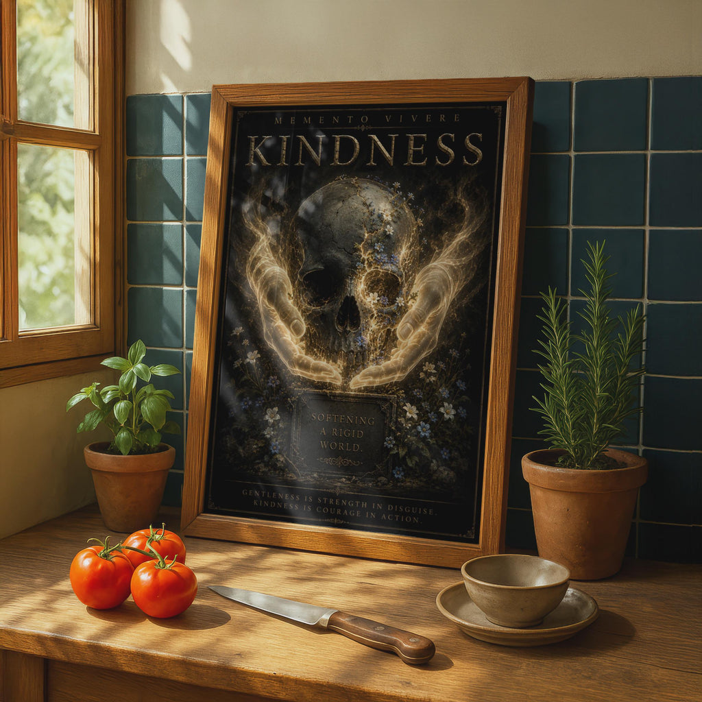 Kindness Skull Floral Dark Gothic Poster, Memento Vivere Motivational Wall Art Print