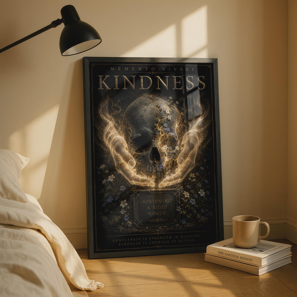 Kindness Skull Floral Dark Gothic Poster, Memento Vivere Motivational Wall Art Print